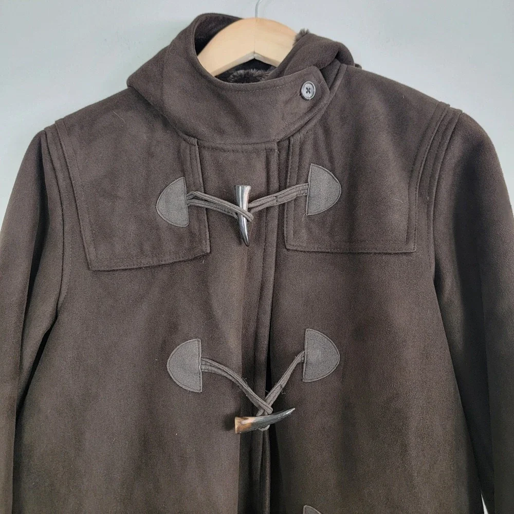Chaps est 1978 Duffle Coat Womens Small Brown Faux Fur Suede Hooded Long‎ Sleeve